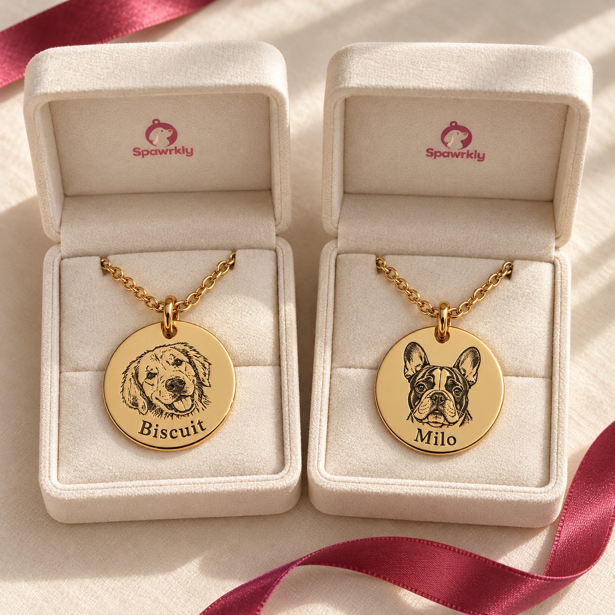 Two Spawrkly gift boxes, each with a gold pendant engraved with a different dog